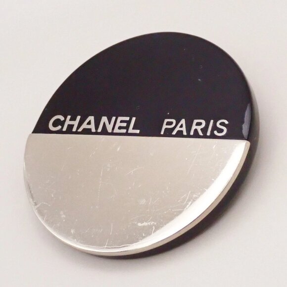 CHANEL Logo Round Bicolor Brooch 00A Metal Plastic Black Silver France 83KA600 - Picture 4 of 16